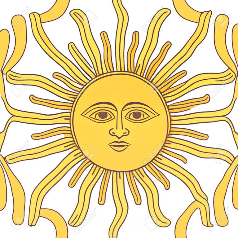 So Mai Mai, spanisches Sol de Mayo, ein nationales Emblem Argentiniens auf der Landesflagge. Strahlend goldgelbe Sonne mit Gesicht und sechzehn geraden und sechzehn Wellenstrahlen. Illustration über Weiß. Vektor.