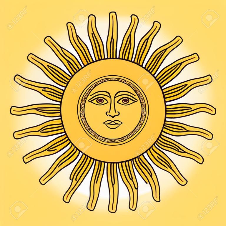 5 월의 일요일, 스페인 국기에 아르헨티나의 국장 인 Sol de Mayo. 얼굴과 16 개의 직선 및 16 개의 물결 모양의 광선을 가진 빛나는 황금빛 노란 태양. 흰색 위에 그림입니다. 벡터.