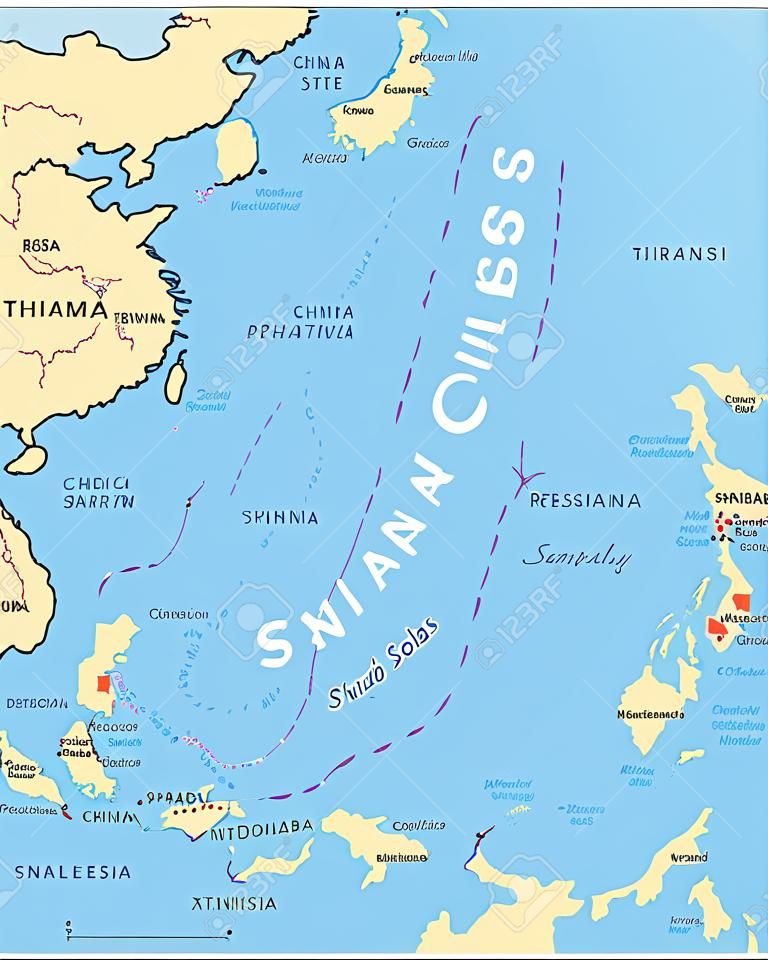 南中國海群島，政治地圖。島嶼，環礁，珊瑚礁，淺灘，珊瑚礁和沙洲。由中國和其他鄰國部分擁有。西沙群島和南沙群島。插圖。向量。