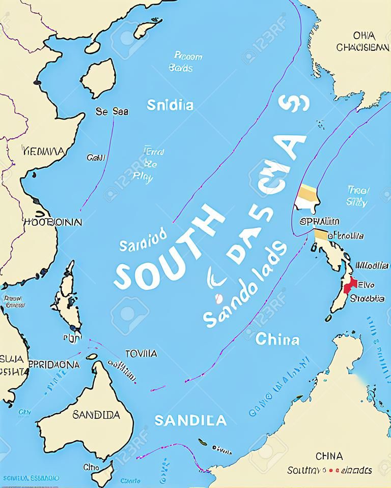 南中国海群岛，政治地图。岛屿，环礁，珊瑚礁，浅滩，珊瑚礁和沙洲。由中国和其他邻国部分拥有。西沙群岛和南沙群岛。插图。向量。