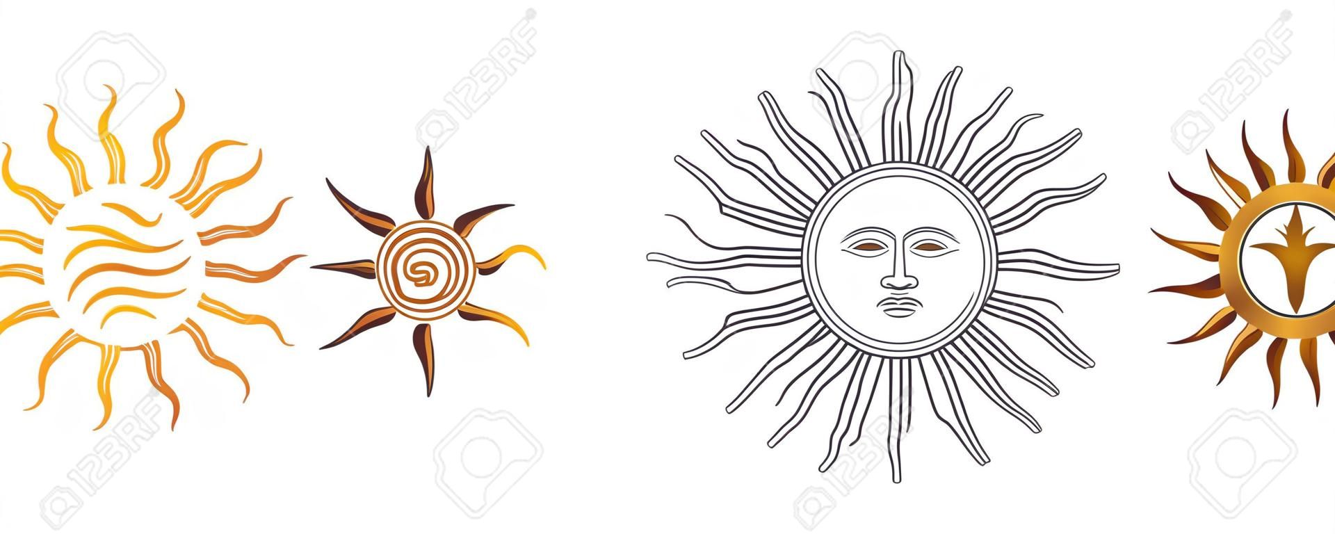 Variations du soleil de mai. Espagnol Sol de Mayo, emblèmes nationaux de l'Uruguay et de l'Argentine. Soleil radieux, argenté ou jaune doré à visage humain et rayons droits et ondulés. Illustration sur blanc. Vecteur.