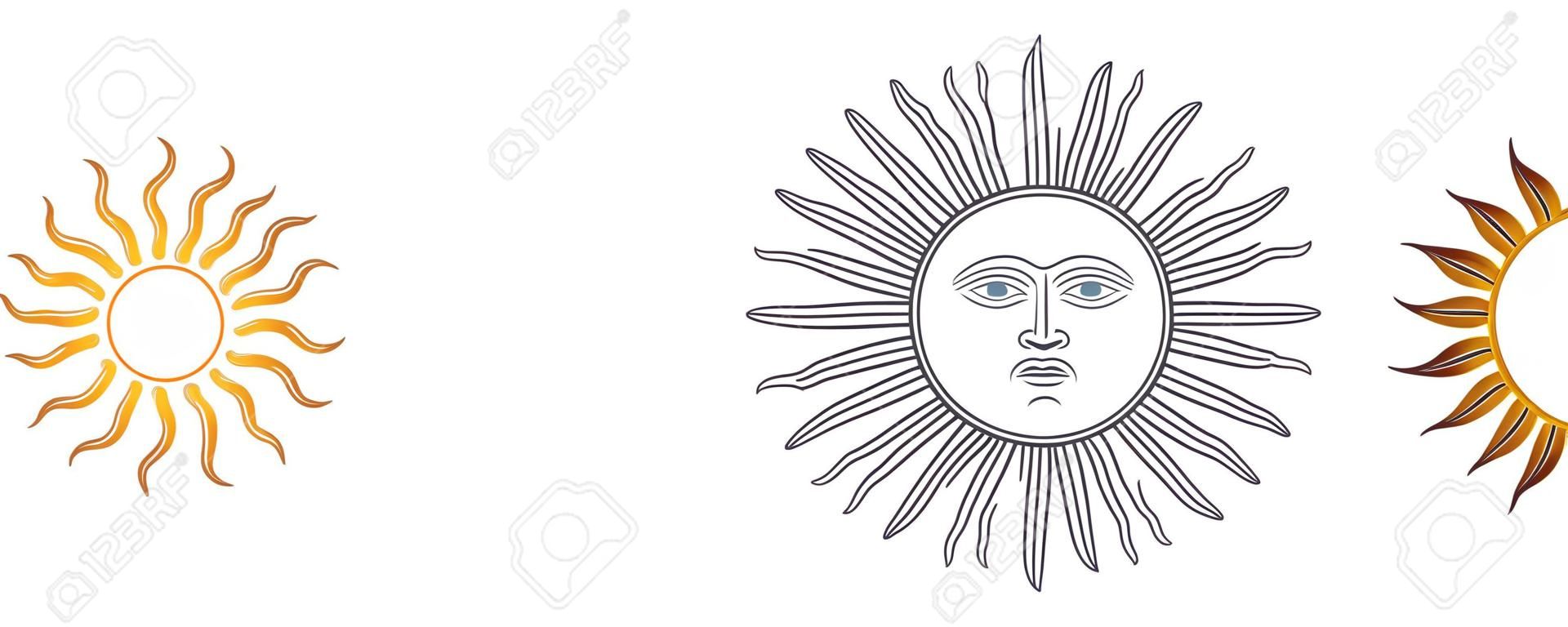 Sun of May variations. Spanish Sol de Mayo, national emblems of Uruguay and Argentina. Radiant, silver or golden yellow sun with human face and straight and wavy rays. Illustration over white. Vector.