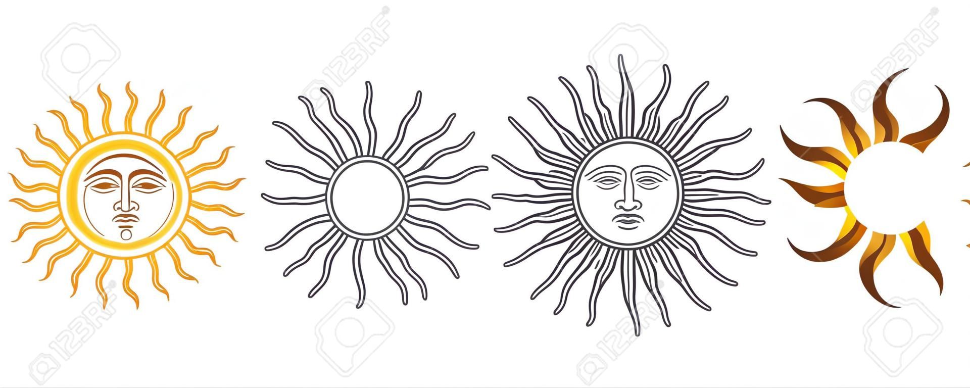 Sun of May variations. Spanish Sol de Mayo, national emblems of Uruguay and Argentina. Radiant, silver or golden yellow sun with human face and straight and wavy rays. Illustration over white. Vector.