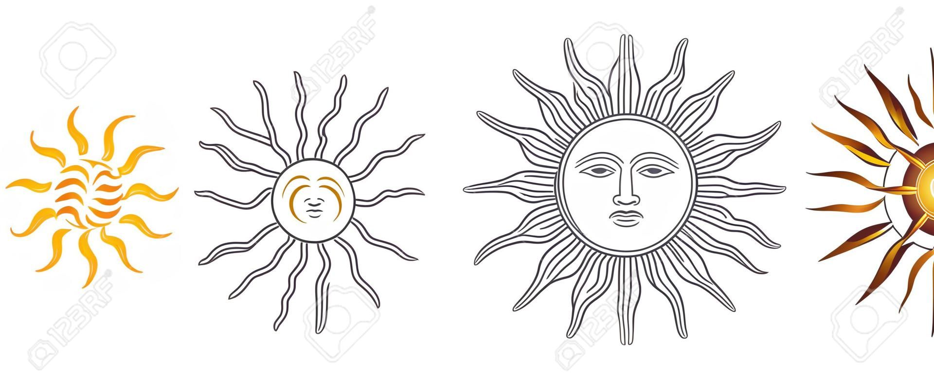 Variations du soleil de mai. Espagnol Sol de Mayo, emblèmes nationaux de l'Uruguay et de l'Argentine. Soleil radieux, argenté ou jaune doré à visage humain et rayons droits et ondulés. Illustration sur blanc. Vecteur.