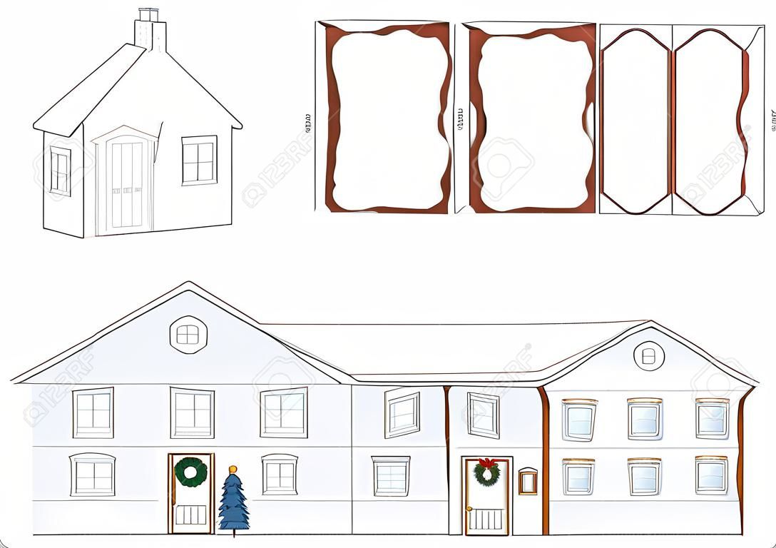 Maquette en papier d'une maison en hiver avec sapin de Noël, bonhomme de neige et toits enneigés et une cheminée pour le Père Noël - facile à réaliser - modèle d'impression sur papier épais, découpe les morceaux, marque, plie et colle.