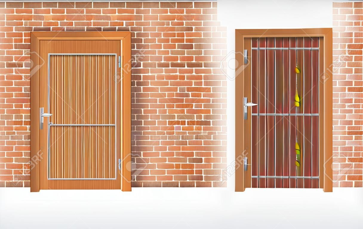 Puerta cerrada y puerta abierta bloqueada por una pared de ladrillos. Símbolo de cautiverio, obstrucción, barricada, barrera, bloqueo y de desesperanza, atrapado, encarcelado y desterrado.