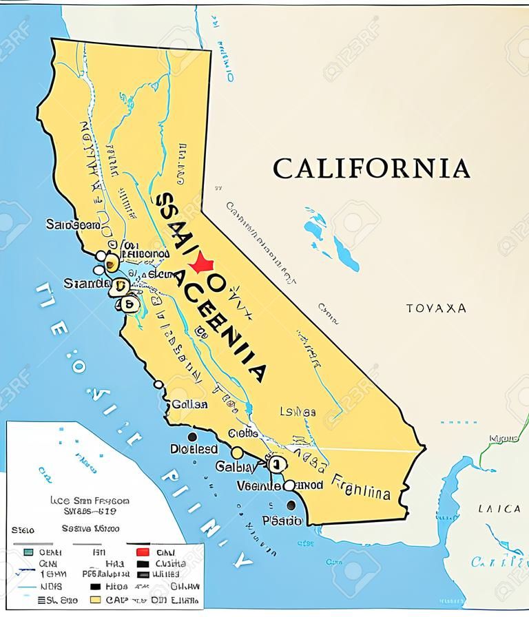 수도 새크라멘토, 중요한 도시, 강, 호수가 있는 캘리포니아 정치 지도. 미국 태평양 지역에 있는 주. 로스앤젤레스, 샌프란시스코. 영어 표기. 삽화. 벡터.