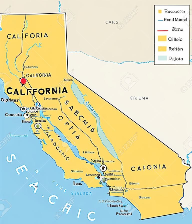 首都サクラメント、重要な都市、川、湖とカリフォルニアの政治地図。米国の太平洋地域の州。ロサンゼルス、サンフランシスコ。英語のラベリング。図。ベクトル。