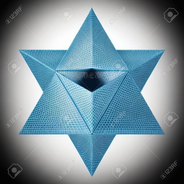 Merkaba 또는 Mer-Ka-Ba라고도 불리는 파란색 별 사면체. 별 모양의 팔면체 또는 별 팔각형은 다윗의 별을 3D로 확장한 것으로 볼 수 있습니다. 흰색 배경에 그림입니다. 벡터.