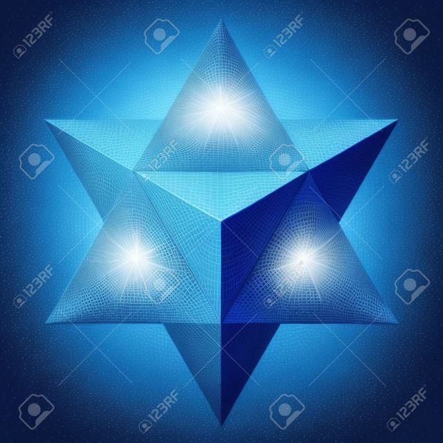Merkaba 또는 Mer-Ka-Ba라고도 불리는 파란색 별 사면체. 별 모양의 팔면체 또는 별 팔각형은 다윗의 별을 3D로 확장한 것으로 볼 수 있습니다. 흰색 배경에 그림입니다. 벡터.