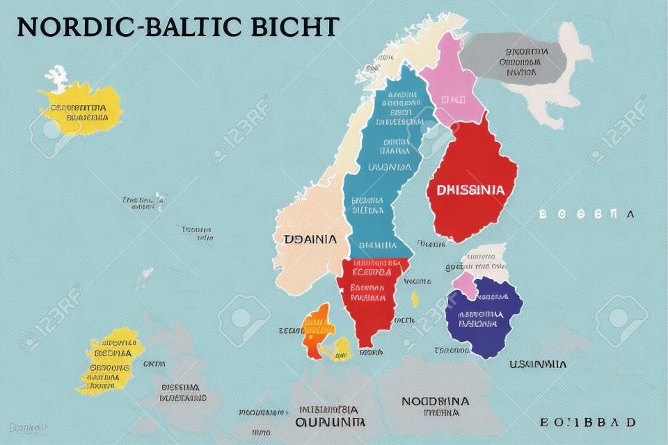 Nordic-Baltic Acht (NB8) lidstaten politieke kaart. Regionale samenwerkingsvorm van Denemarken, Estland, Finland, IJsland, Letland, Litouwen, Noorwegen en Zweden. Engelse etikettering. Illustratie. Vector.