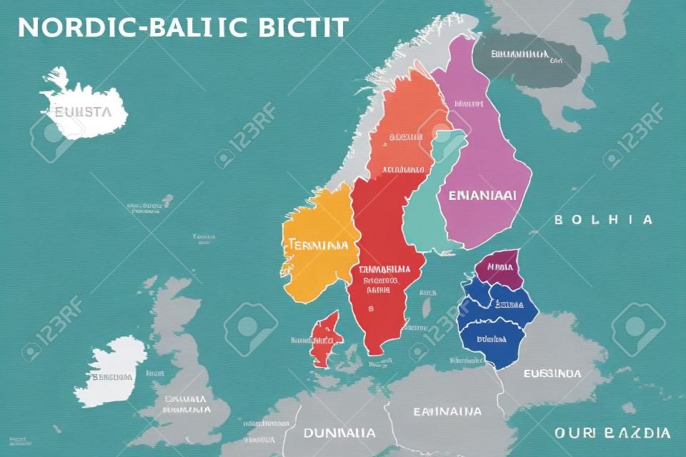 Nordic-Baltic Acht (NB8) lidstaten politieke kaart. Regionale samenwerkingsvorm van Denemarken, Estland, Finland, IJsland, Letland, Litouwen, Noorwegen en Zweden. Engelse etikettering. Illustratie. Vector.