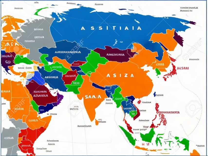 Continent Asia, political map with colored single states and countries. With the Asian part of Russia and Turkey and Sinai Peninsula as African part. English labeling. Illustration over white. Vector.