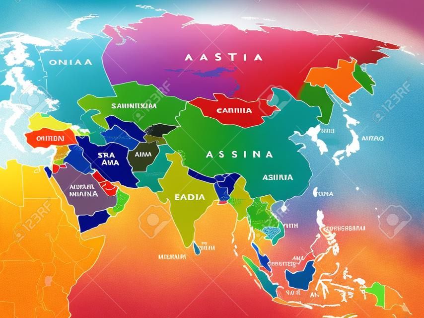 Continent Asia, political map with colored single states and countries. With the Asian part of Russia and Turkey and Sinai Peninsula as African part. English labeling. Illustration over white. Vector.