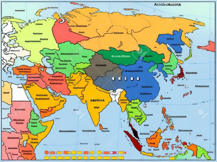 Principais regiões da Ásia. Mapa político com países únicos. Sub-regiões coloridas do continente asiático. Central, leste, norte, sul, sudeste e oeste da Ásia. Inglês rotulado. Ilustração. Vetor.