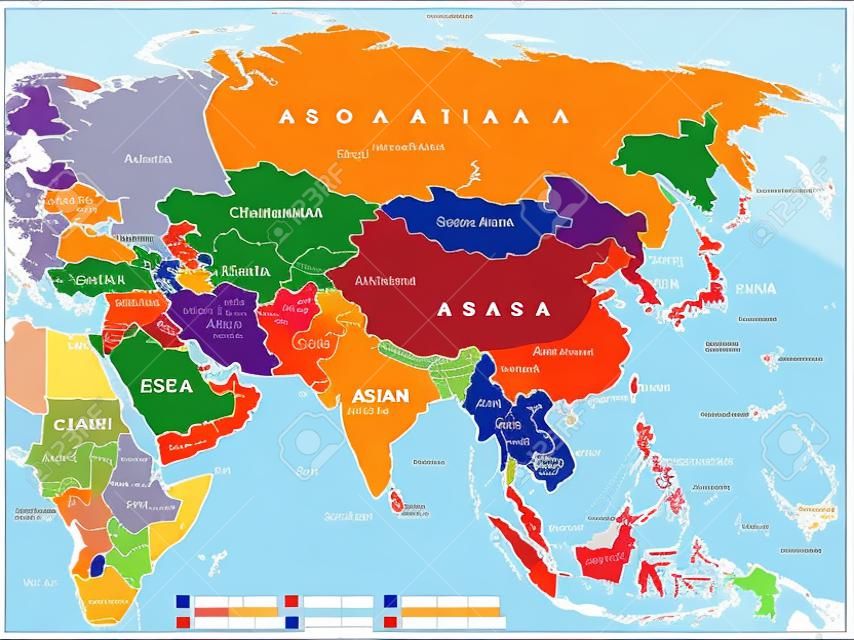 Główne regiony Azji. Mapa polityczna z pojedynczymi krajami. Kolorowe podregiony kontynentu azjatyckiego. Azja Środkowa, Wschodnia, Północna, Południowa, Południowo-Wschodnia i Zachodnia. Oznaczenie angielskie. Ilustracja. Wektor.