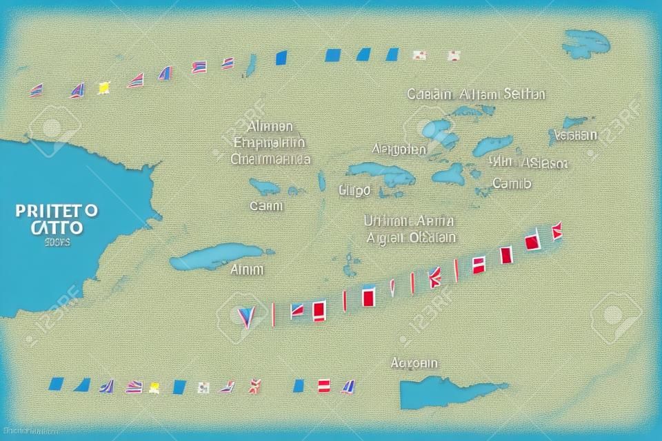 Mapa político de las Islas Vírgenes Británicas, españolas y de los Estados Unidos. Archipiélago en el Mar Caribe. Territorio británico de ultramar y territorios no incorporados de los Estados Unidos. Ilustración. Vector.
