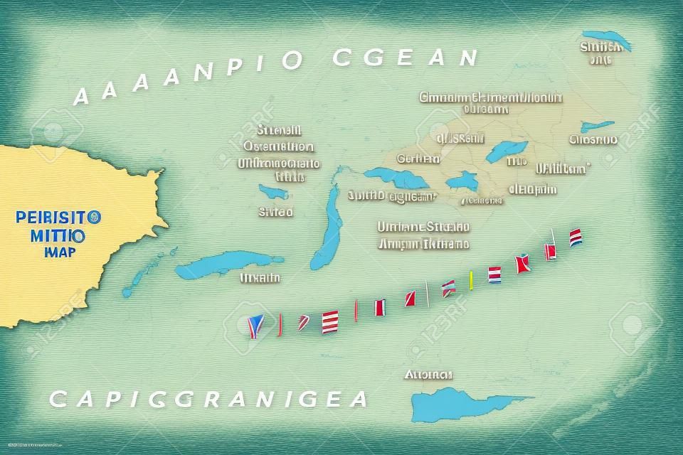 Britse, Spaanse en Amerikaanse Maagdeneilanden politieke kaart. Archipel in de Caribische Zee. Britse overzeese gebied en niet-corporated gebieden van de Verenigde Staten. Illustratie. Vector.