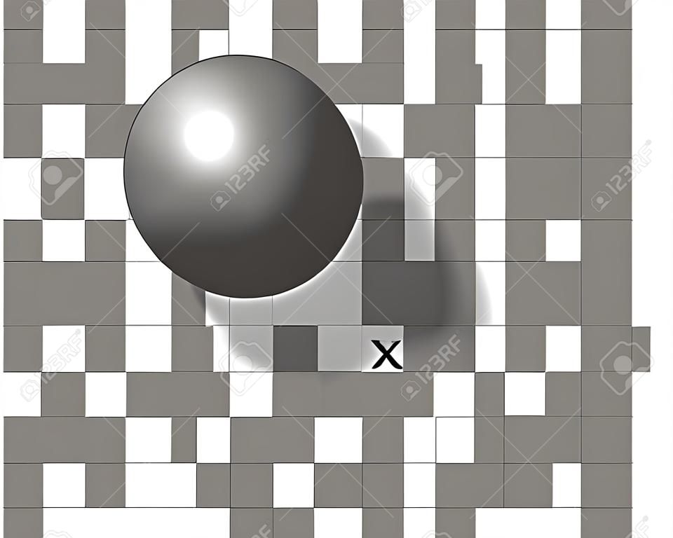Optische Täuschung. Checker-Schatten-Illusion. Die beiden Quadrate mit dem x-Zeichen haben den gleichen Grauton. Schneide die beiden zusätzlichen Quadrate aus, vergleiche, überprüfe und staune.