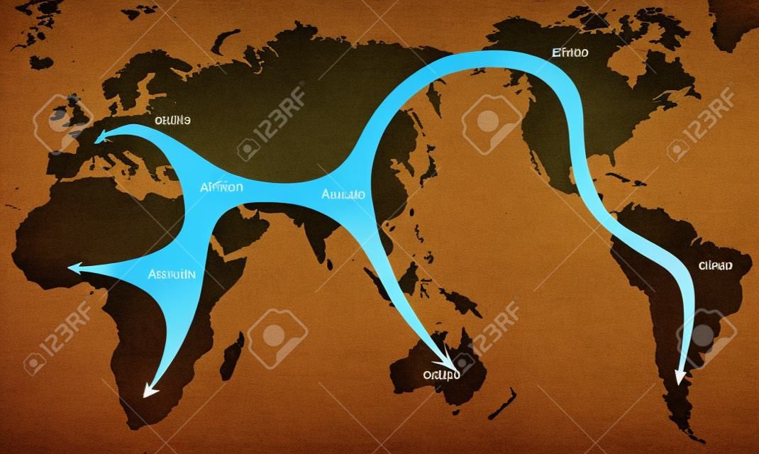 Early human expansion from africa over the whole world, migration paths depicted with footprints, global expansion with moving direction and time of settlement on the continents. Vector chart.