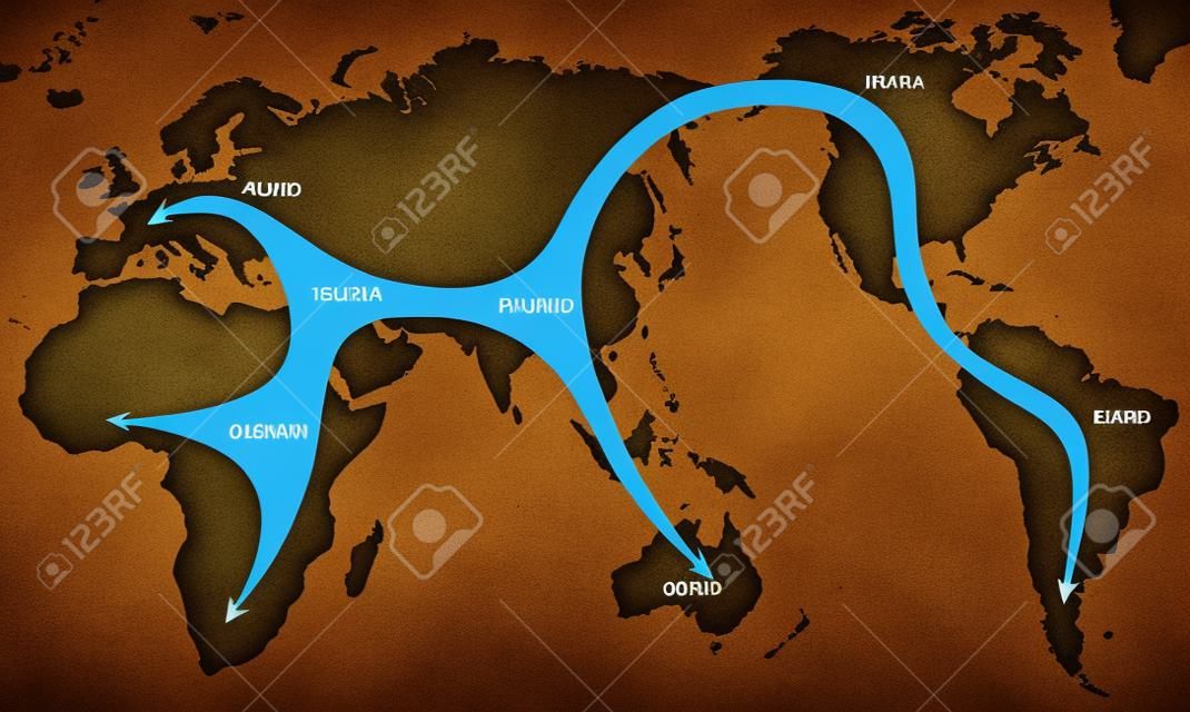 Early human expansion from africa over the whole world, migration paths depicted with footprints, global expansion with moving direction and time of settlement on the continents. Vector chart.