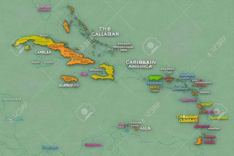 The Caribbean, colored political map. Subregion of the Americas in the Caribbean Sea with its islands and English names. The Greater Antilles and the Lesser Antilles. Isolated illu