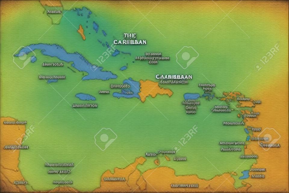 The Caribbean, colored political map. Subregion of the Americas in the Caribbean Sea with its islands and English names. The Greater Antilles and the Lesser Antilles. Isolated illu