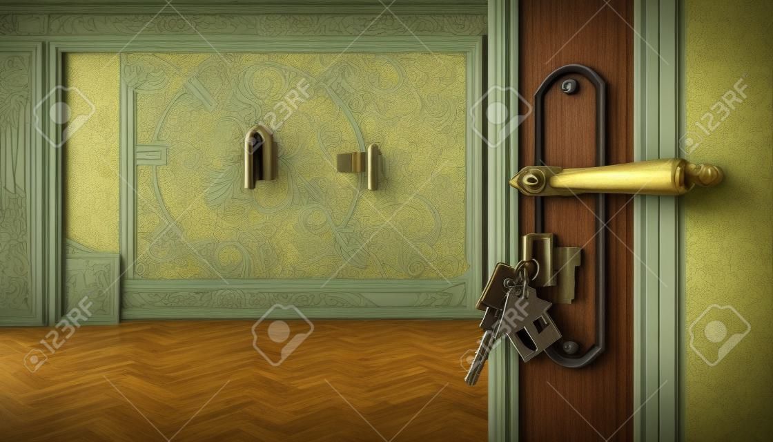 Appartamento in stile liberty con porta aperta e chiave nella serratura