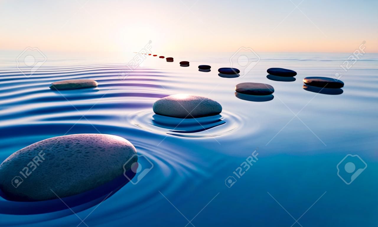 Reihe von Steinen in ruhigem Wasser im weiten Ozean Konzept der Meditation - 3D-Illustration