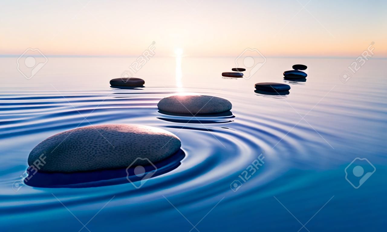Reihe von Steinen in ruhigem Wasser im weiten Ozean Konzept der Meditation - 3D-Illustration