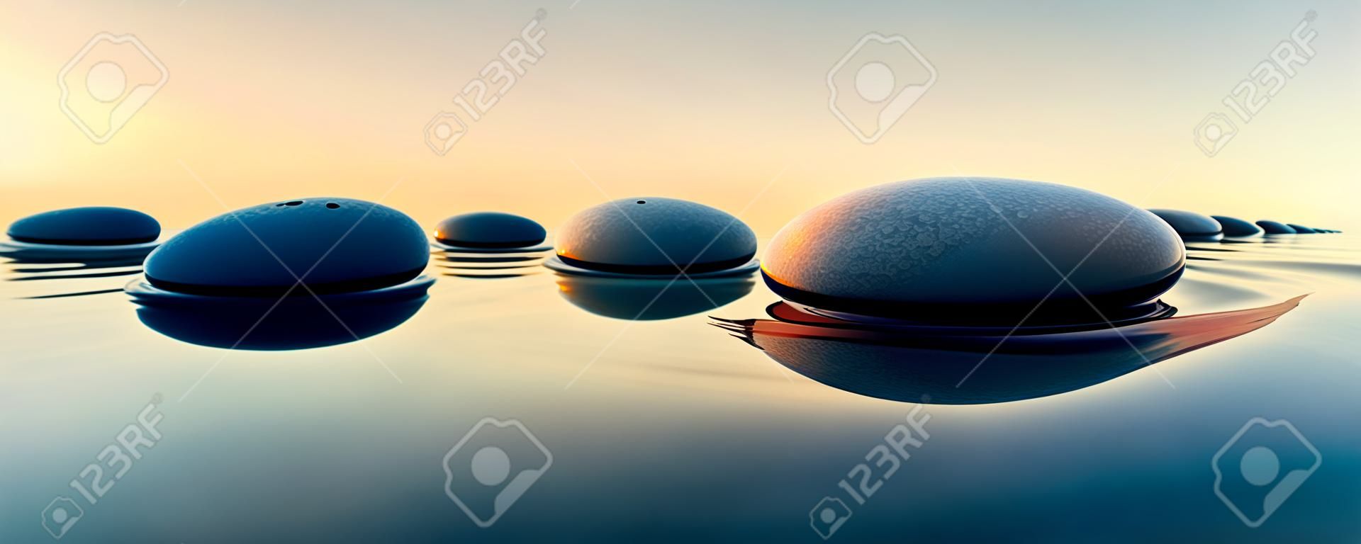 Row of stones in calm water in the wide ocean concept of meditation - 3D illustration
