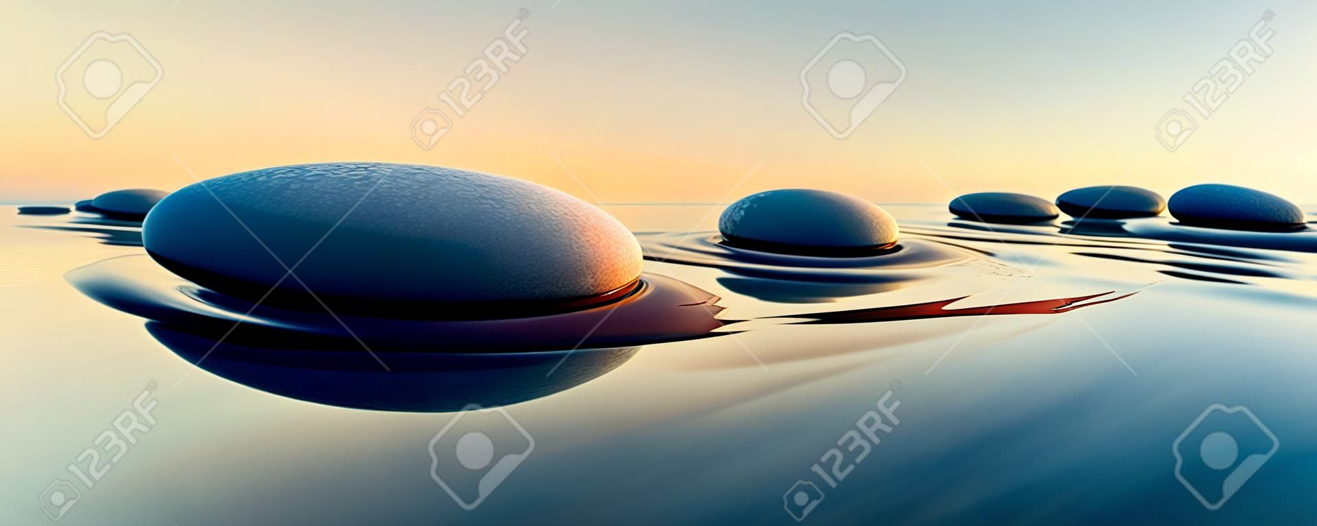Linha de pedras em água calma no amplo conceito oceânico de meditação - ilustração 3D