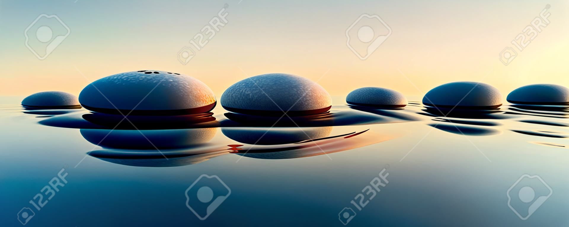 Linha de pedras em água calma no amplo conceito oceânico de meditação - ilustração 3D