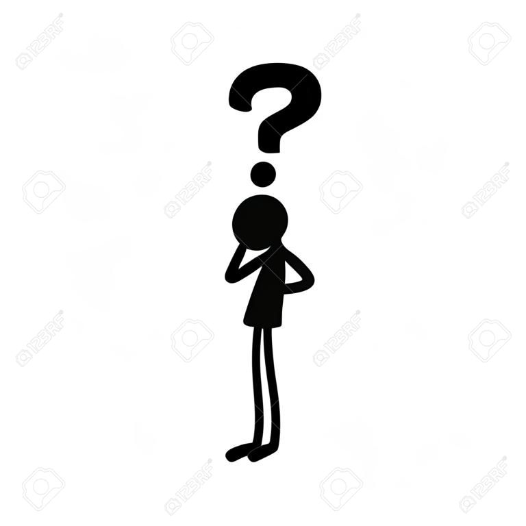 Stick figure in thinking posture. Stick man thinking about a solution to a question. Vector illustration isolated on white
