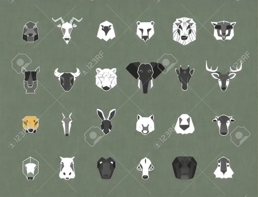 24 значка головы животных. Уникальная коллекция векторных геометрических иллюстраций, представляющих некоторых из самых известных диких животных.