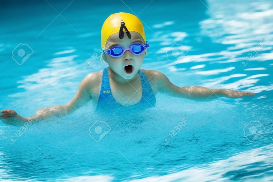 Child in a swimming pool learning to swim