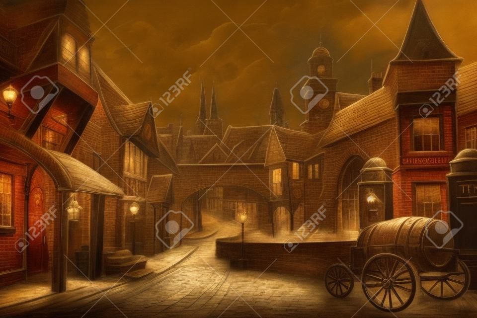 Theatre backdrop featuring a street scene in Victorian-era London