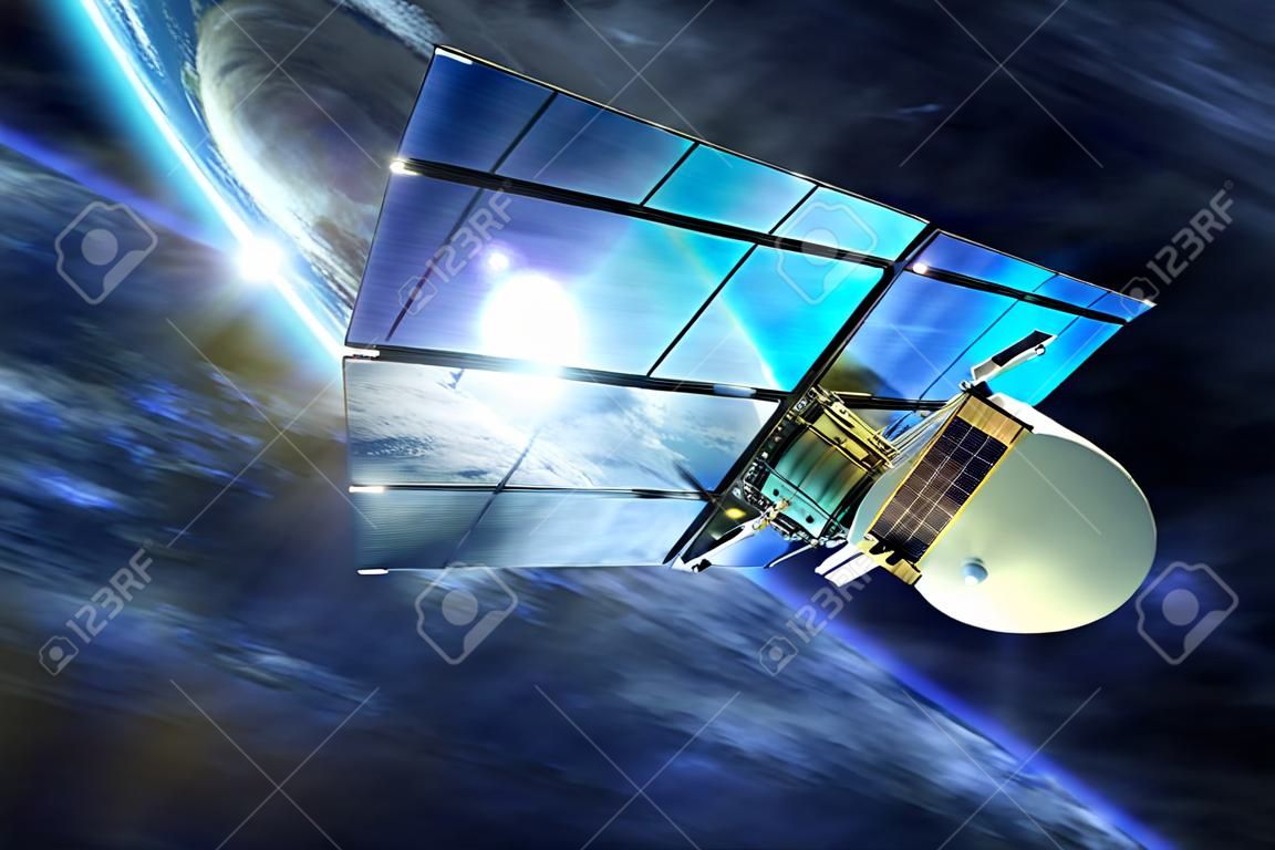 Televíziós jel műholdra nagy napelemek a Föld körüli pályán. 3D render illusztráció. Szélessávú televíziós technológia.