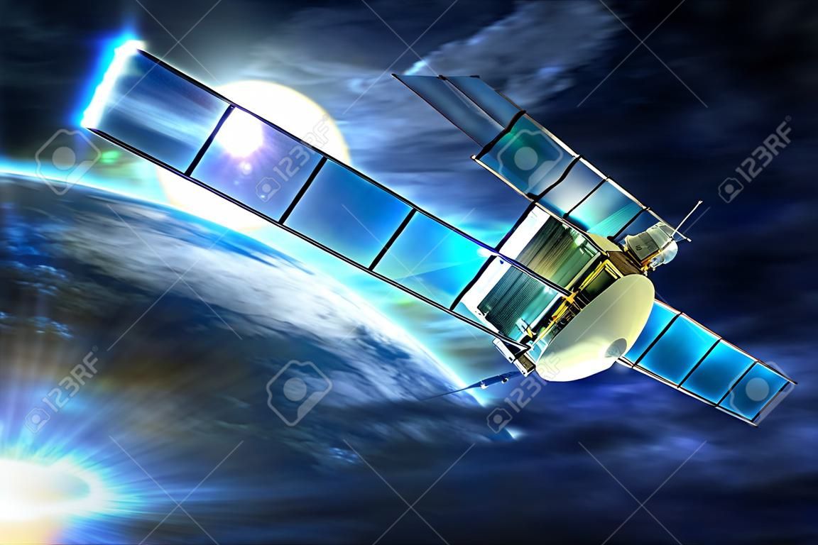 Televíziós jel műholdra nagy napelemek a Föld körüli pályán. 3D render illusztráció. Szélessávú televíziós technológia.