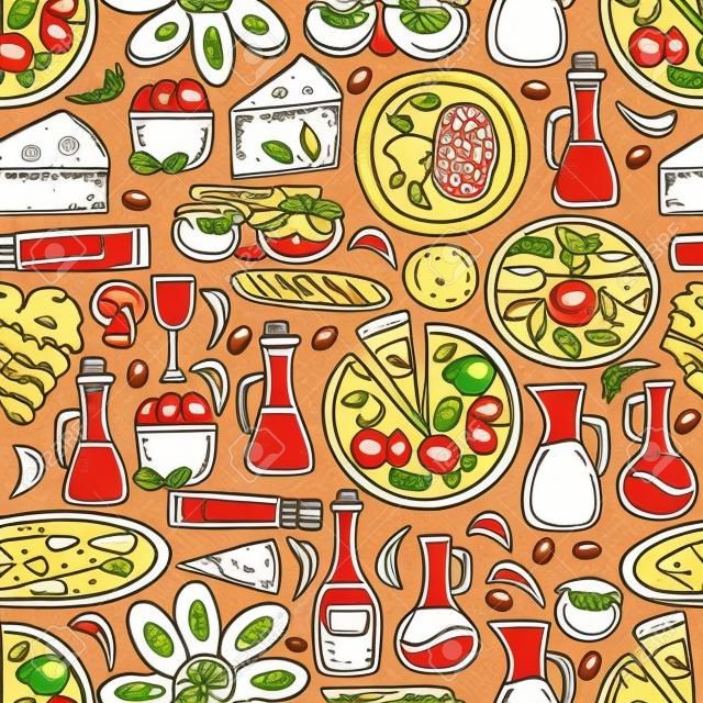 Seamless background with cute hand drawn cartoon objects on mediterranean cuisine theme: tomato, pasta, wine, cheese, olive, Ethnic food travel concept. 
