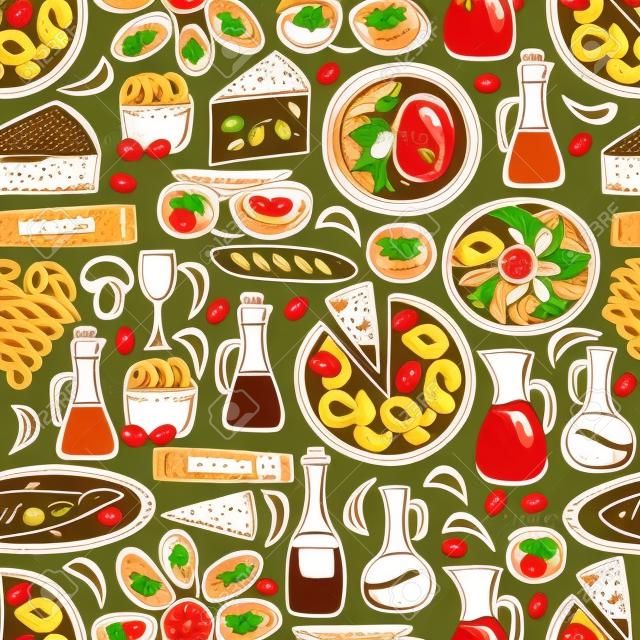 Fondo inconsútil con los objetos dibujados a mano lindos de la historieta en la cocina mediterránea tema: tomate, pasta, vino, queso, aceituna, étnico concepto de viaje de los alimentos.