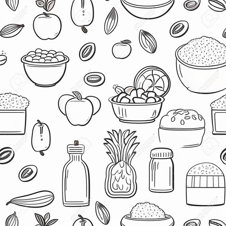 ビーガン料理をテーマにかわいい漫画のスタイル オブジェクトと現代のシームレスな背景: フルーツ、野菜、きのこ、大豆、豆、油、ナット、パン、ご飯。生健康食品やビーガンのコンセプトです。菜食主義者のサイト、アプリ、オーガニック マーケットやショップ、エンブレムのために大きい
