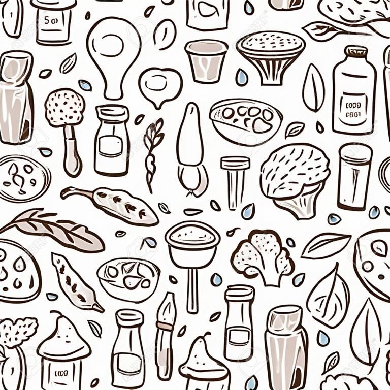Seamless background with cartoon hand drawn objects on vegan protein source theme