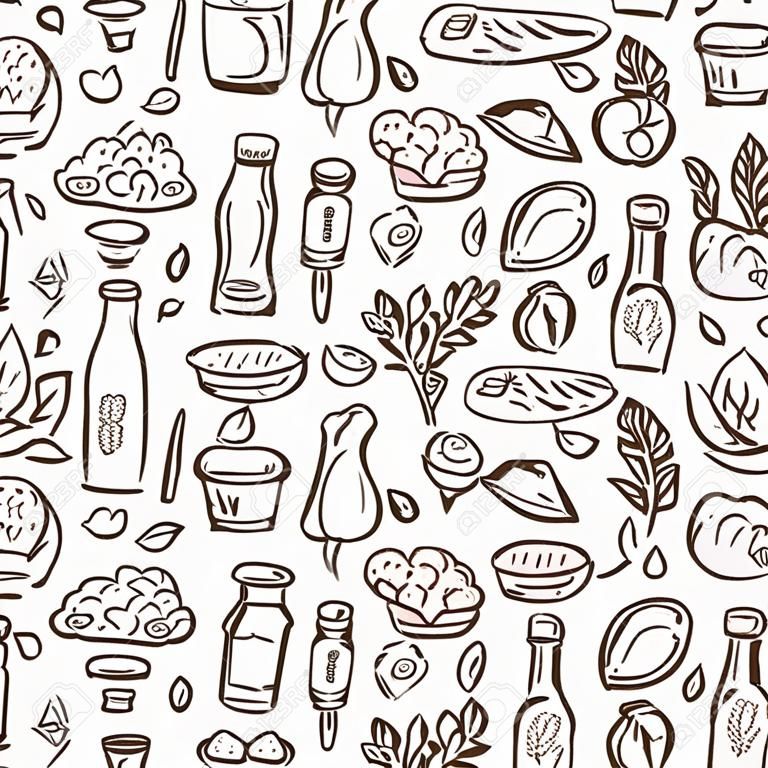 Vegan protein kaynağı konulu karikatür elle çizilmiş nesneler ile sorunsuz arka plan