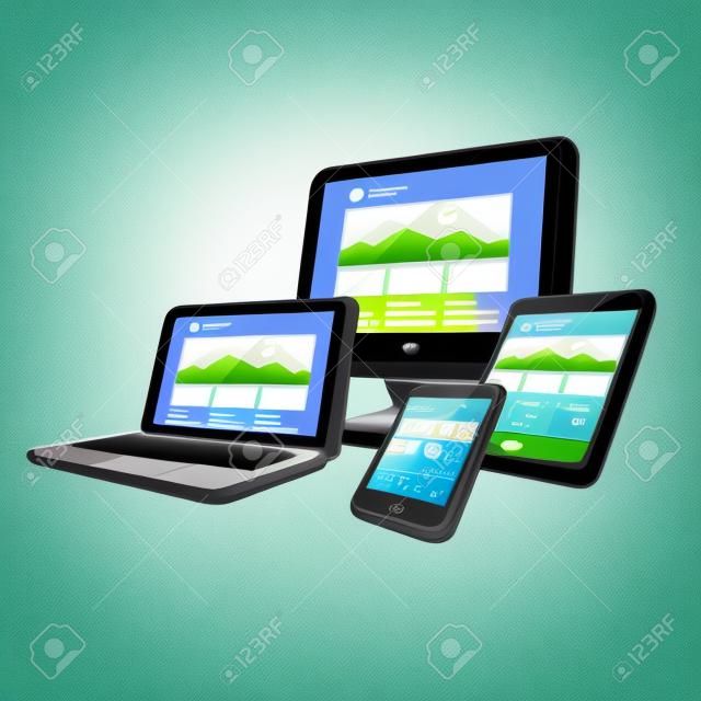 別の画面スマート フォン、ラップトップ、モニター画面、タブレット、ミニ タブレット デバイスで応答性の高いウェブサイトのデザインのアイコン
