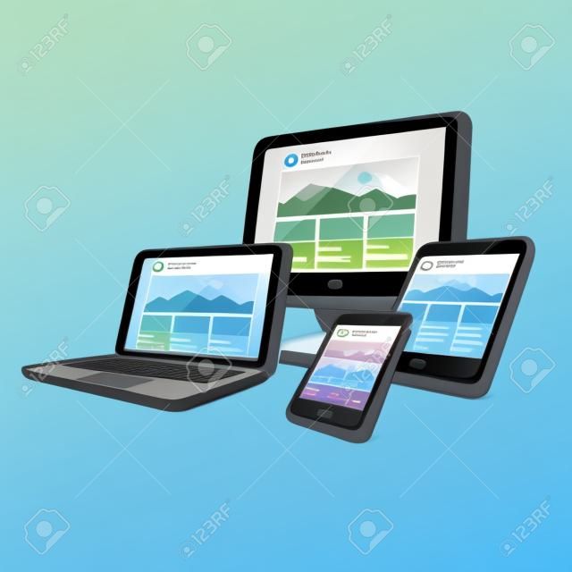 Icône de réponse conception de sites Web sur différents appareils à écran avec smartphone, ordinateur portable, écran, tablette, mini tablette