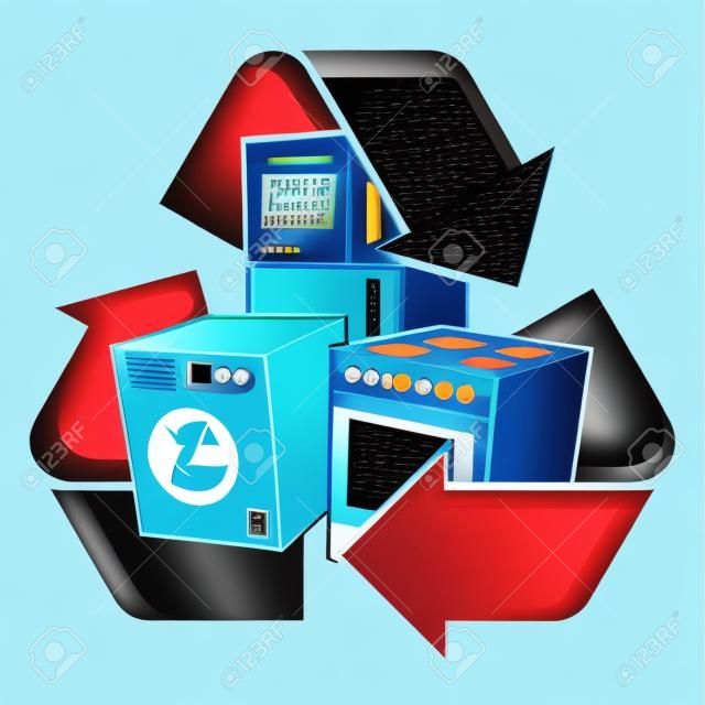 Grandes eletrodomésticos eletrônicos com símbolo de reciclagem Ilustração vetorial isolada Resíduos Equipamentos Elétricos e Eletrônicos - WEEE concept