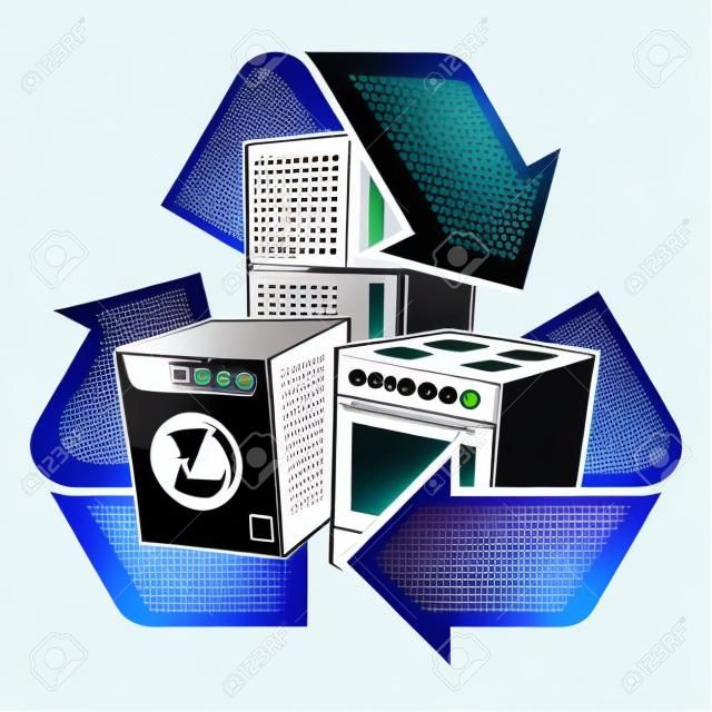 Grandes eletrodomésticos eletrônicos com símbolo de reciclagem Ilustração vetorial isolada Resíduos Equipamentos Elétricos e Eletrônicos - WEEE concept