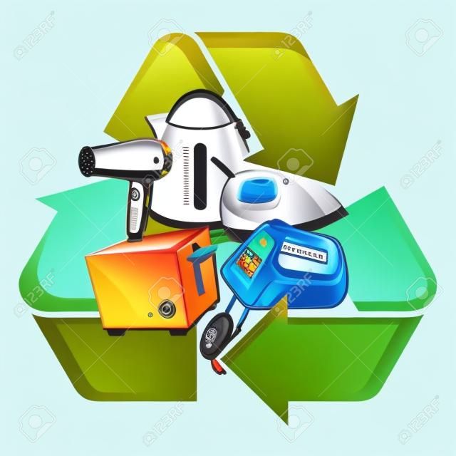 Small electronic home appliances with recycling symbol  Isolated vector illustration  Waste Electrical and Electronic Equipment - WEEE concept 