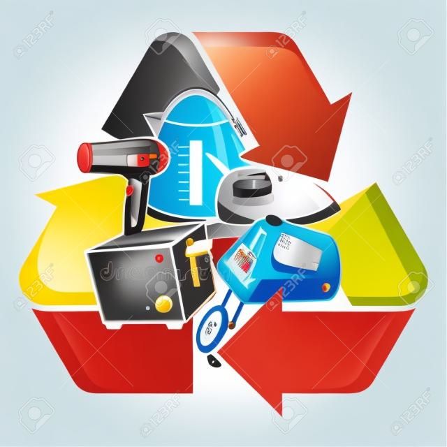 Small electronic home appliances with recycling symbol  Isolated vector illustration  Waste Electrical and Electronic Equipment - WEEE concept 